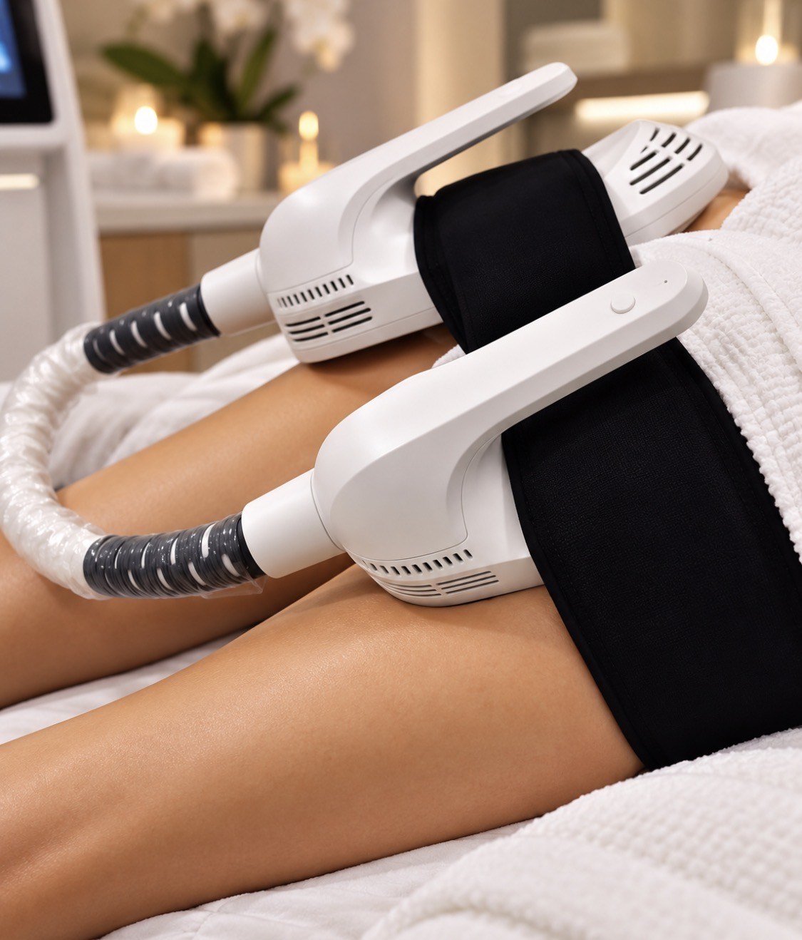 EMS muscle toning applicators on the thighs during treatment